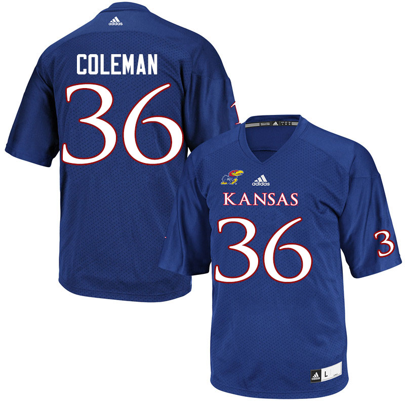 Men #36 Bryce Coleman Kansas Jayhawks College Football Jerseys Sale-Royal - Click Image to Close